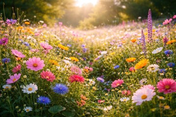Obraz premium Bright floral field showcasing diverse blossoms and fresh greenery