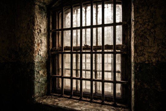 Vintage correctional facility window with heavy metal bars and peeling paint