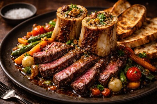 Roasted bone marrow served over sliced grilled beef with vegetable medley and toasted bread