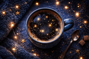 Fototapeta premium Flat overhead shot of coffee in mug with glowing stars against rich blue night scene