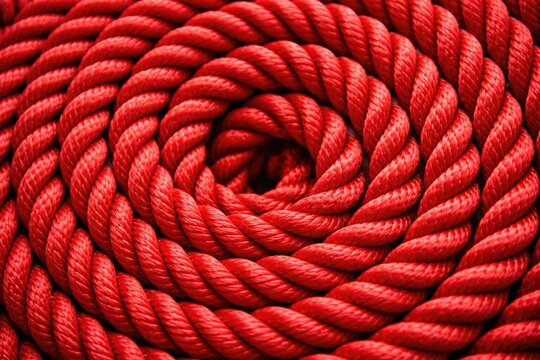 Spiral shaped red rope with visible nylon thread texture