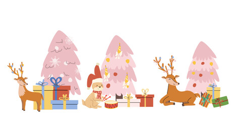 Cartoon pink chrismas tree and animals vector set. Flat illustrations isolated on white background. Cute rabbit, reindeer with gifts. Coquette pink chrismas compositions set in retro cartoon flat styl © ZhumaStudio