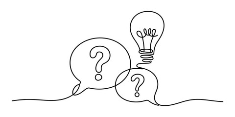 Light bulb idea with question marks in speech bubbles, single line drawing Vector, illustration © Bobita