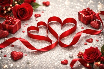 Naklejka premium Valentines and Mothers Day decorations with red ribbon hearts on a bright silver glitter background