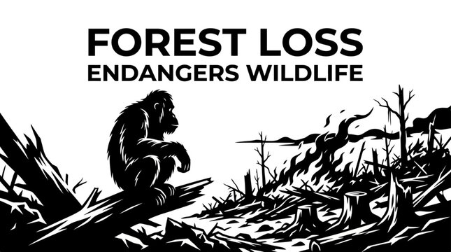 Sad gorilla sitting on a log in a destroyed forest landscape.