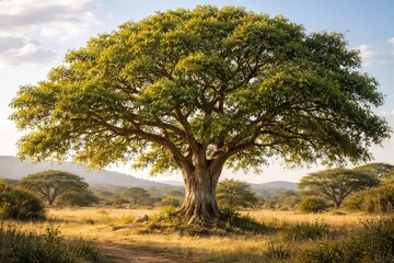 Serene marula tree with lush leaves in gentle breeze
