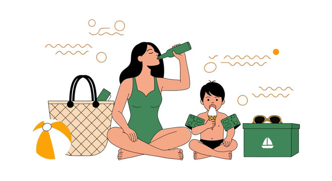 A mother and child sitting together during a relaxing summer vacation day.