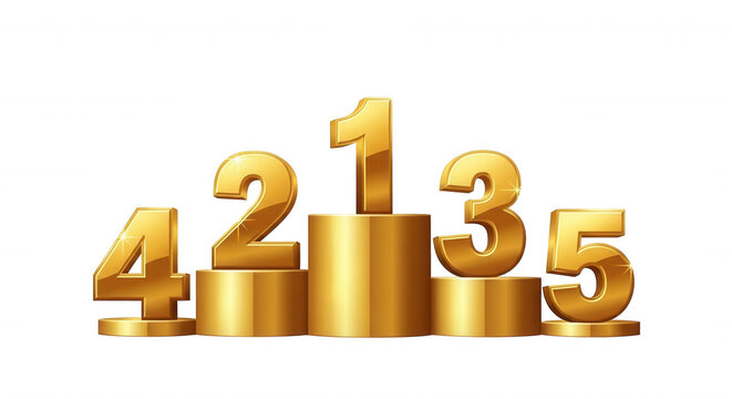 Shiny gold numbers one through five arranged on a tiered cylindrical podium against a solid black background, representing ranking and
