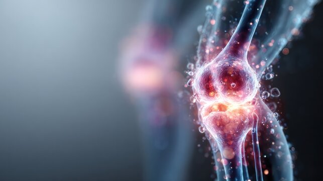 Knee Joint Illustration: A detailed and artistic illustration of a knee joint showcases intricate anatomical structures, highlighting key components within the body.