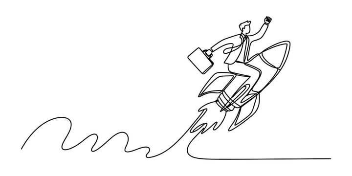 Businessman riding a rocket ship, flying upwards with briefcase, representing success and fast growth, continuous line art style Vector, illustration
