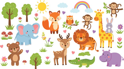 Cute jungle and forest animal vector collection featuring elephant lion giraffe monkey fox bear deer hippopotamus crocodile rabbit and owl for kids nursery. © Aminul