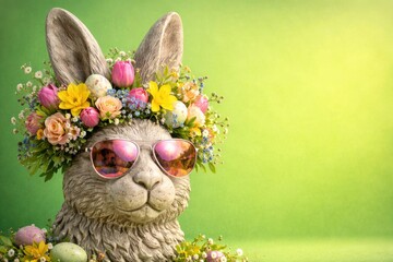 Naklejka premium Sculpted stone Easter bunny head adorned with sunglasses and bright floral display on green background with copy space