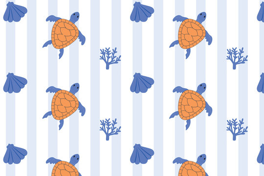 Seamless pattern with cartoon sea turtles, shells and corals on striped background. Vector illustration.