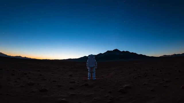 astronaut in white spacesuit standing on rocky red planet surface looking at bright sunrise. mars exploration mission, space travel concept. extraterrestrial landscape with distant mountains.