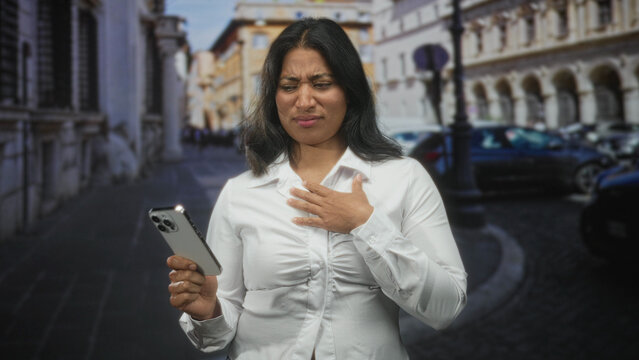 Woman holding smartphone and touching chest, looking unsettled on street with parked cars and classical building facade; concern travel alert.