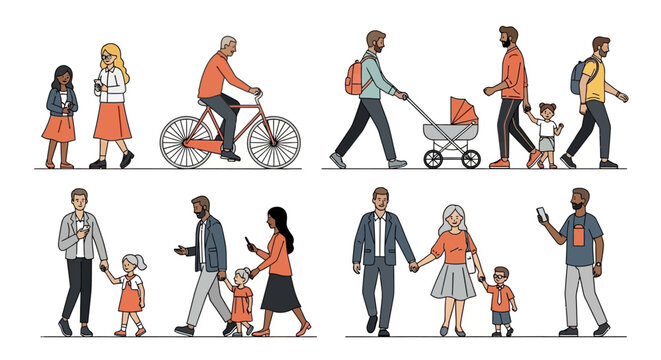 Diverse people walking, cycling, and pushing strollers on white background