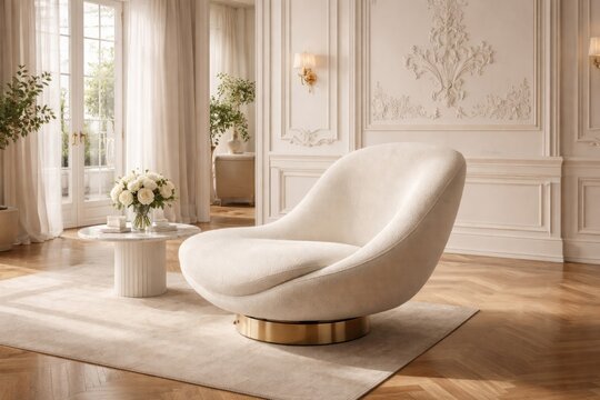 Spacious modern light-filled room interior with luxury white chair seated on polished wood parquet floor and detailed plaster wall
