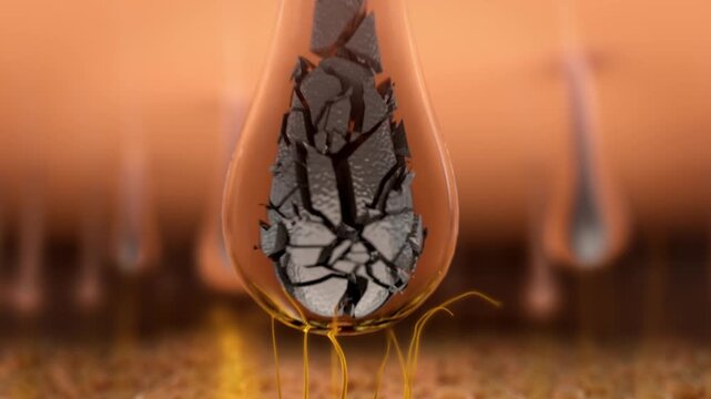 Cell propulsion and hair follicle carbonization in 3D animation. Hair removal products inhibit growth, clean pores, carbonize & decompose hair. Beauty equipment for skin solutions. 4K.