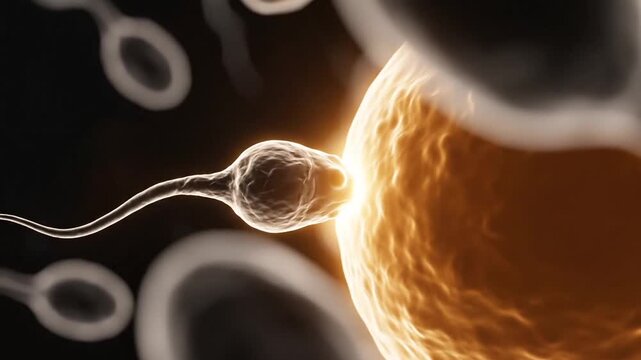 Sperm Penetrating a Bright Orange Egg Cell in Microscopic View with Blurry Background