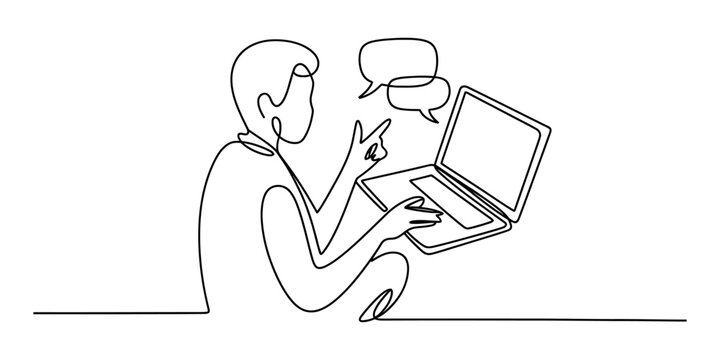Person sitting and typing on a laptop with speech bubbles above, continuous line art Vector, illustration