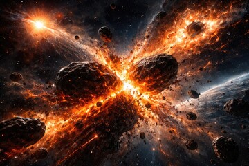 Fototapeta premium dramatic space backdrop of burning stars and asteroid collision
