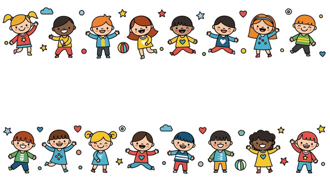 Happy Diverse Children Dancing and Playing Together Border Design