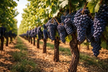 Naklejka premium Rows of Malbec vines heavy with dark purple grapes
