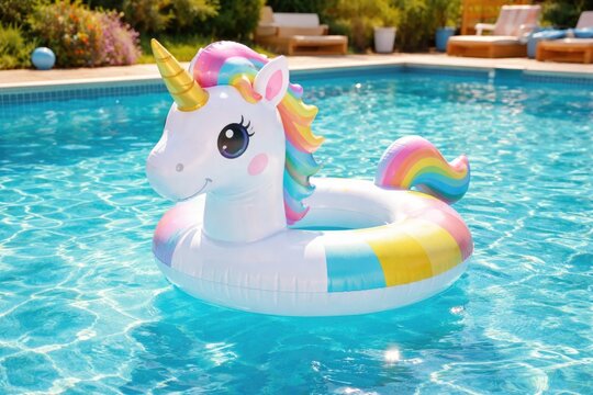 Playful unicorn pool float bobbing gently in a sunny outdoor swimming pool