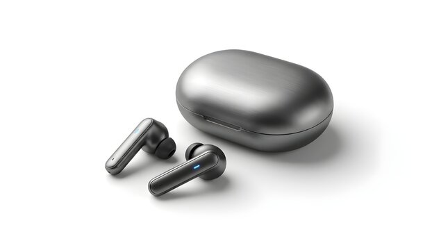 3D render of modern wireless earbuds with charging case isolated on white. Concept for audio, music, hands free calls, Bluetooth tech, noise canceling and consumer electronics.

