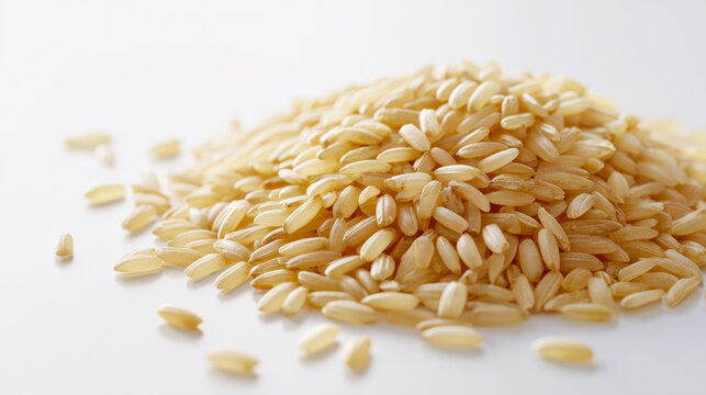 Stylized medium view of uncooked brown rice grains spread evenly on a clean white surface, minimal composition, soft natural lighting, subtle shadows composition for digital content