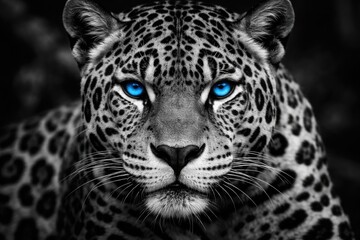 Obraz premium Staring black and white jaguar displaying clear blue eyes