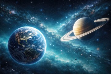 Fototapeta premium Modern astrology inspired backdrop with Earth and Saturn planets floating in a tranquil blue turquoise galaxy