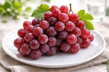 Naklejka premium Vibrant red grapes clustered on a clean porcelain plate