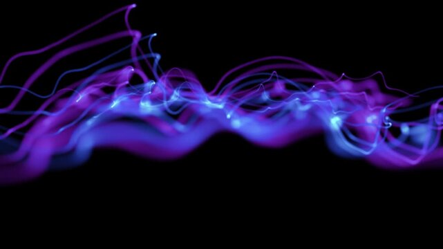 Abstract neon light waves flowing in purple and blue colors with glowing streaks and smooth motion. Vibrant purple and blue streams swirl against a deep black backdrop. Light particles pulse