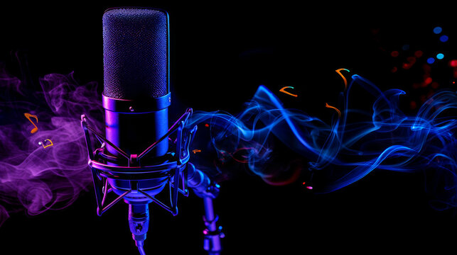A professional studio microphone under neon blue and purple lights, highlighting its detailed design and technology.