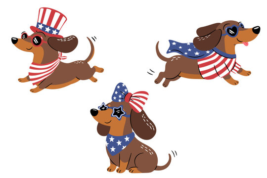 Cute patriotic dachshund characters wearing American flag outfits sunglasses and hat celebrating fourth of july holiday in playful cartoon style