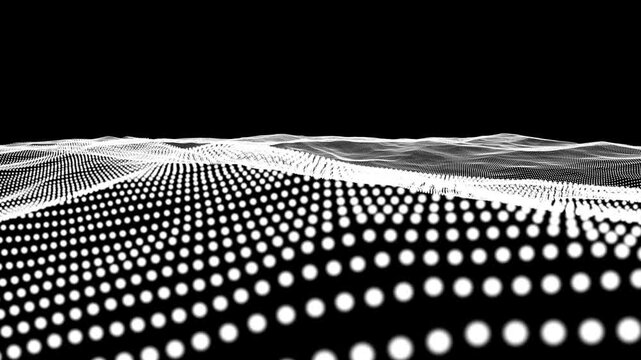 Abstract digital landscape of white dots on black. Dots form waves across the frame. Pattern shifts subtly, creating motion. Ideal for tech, data, or futuristic themes