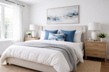 Fototapeta premium Realistic home bedroom scene with stylish bedding and blue pillow accents on a white backdrop