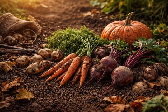 Rustic display of fall vegetables carrots beets pumpkin and potatoes harvested from organic garden soil with copy space