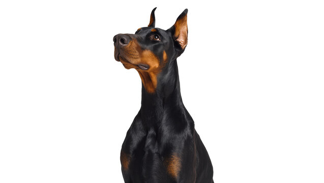 Black and tan Doberman Pinscher dog looking up, isolated on transparent background