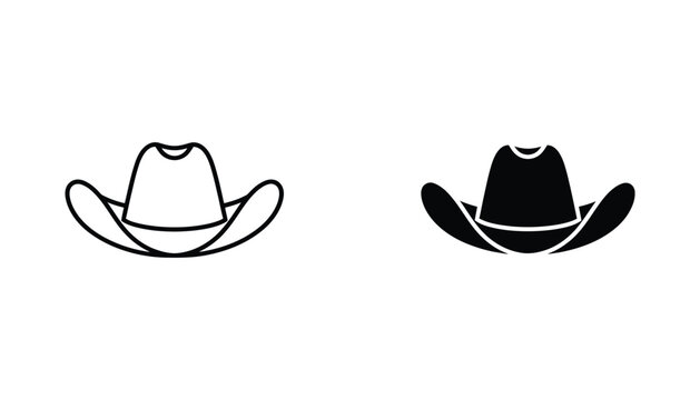 Classic cowboy hat icon in black and white line art and solid silhouette vector graphic for western theme
