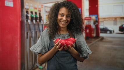Teenage woman in apron holding ripe red tomatoes in hands and smiling broadly while standing by fuel pumps at a gas station forecourt  joy warmth. © Krakenimages.com