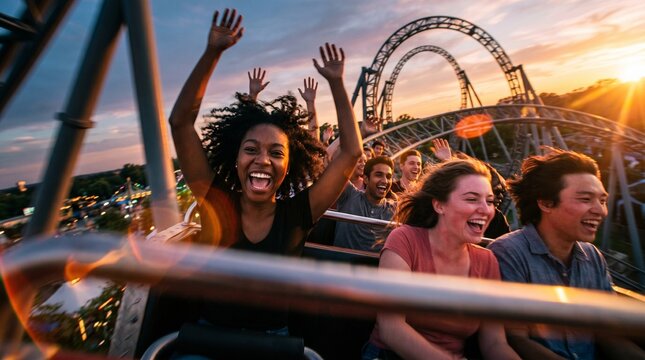 Joyful group on a roller coaster at sunset