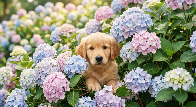 満開の紫陽花の間からひょっこり顔を出す子ゴールデン