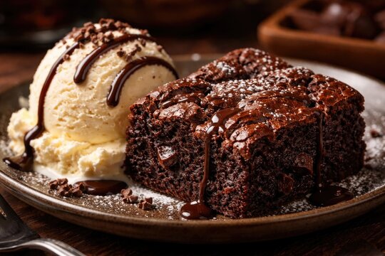 Homemade moist brownie alongside smooth vanilla ice cream delight