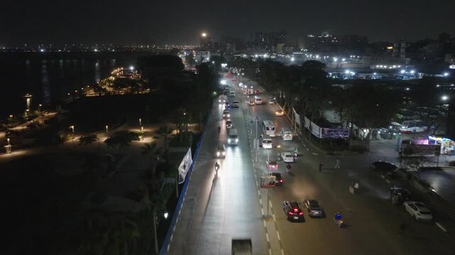 Maadi Cairo Egypt Nile River Corniche Traffic Night Cinematic Drone Shot