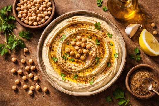 Top perspective of fresh hummus flavored with cumin and olive oil next to chickpeas on a natural brown backdrop