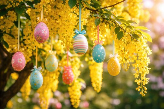 Vibrant Easter egg ornaments decorating a flowering laburnum tree