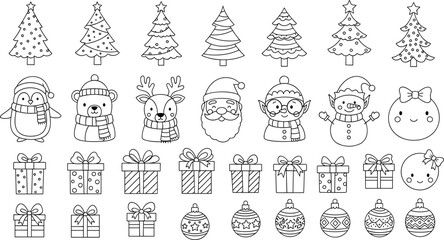 Christmas coloring page vector set with cute santa claus reindeer penguin polar bear elf snowman christmas trees gift boxes and ornaments for kids activity book. © Aminul