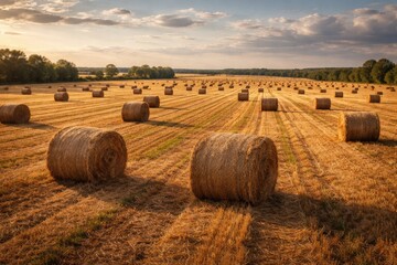 Naklejka premium Expansive meadow showcasing neatly arranged hay bales on flat terrain